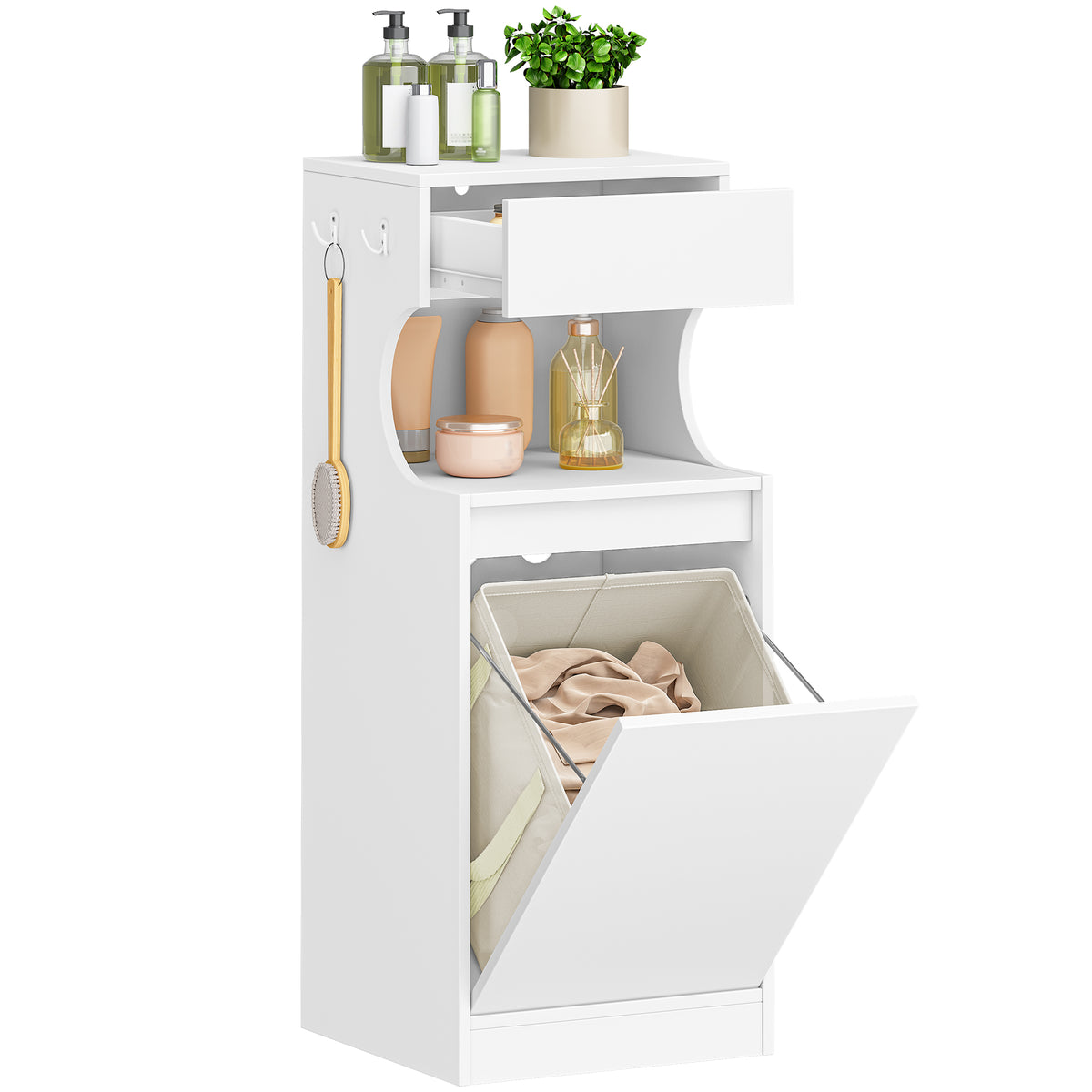 joyunite Bathroom Cabinet with Laundry Basket, Slim Narrow Laundry Cabinet with Drawer and Removable Hamper, Storage Cabinet Unit for Bathroom, 40 x 40 x 100 cm, White, BC42003X