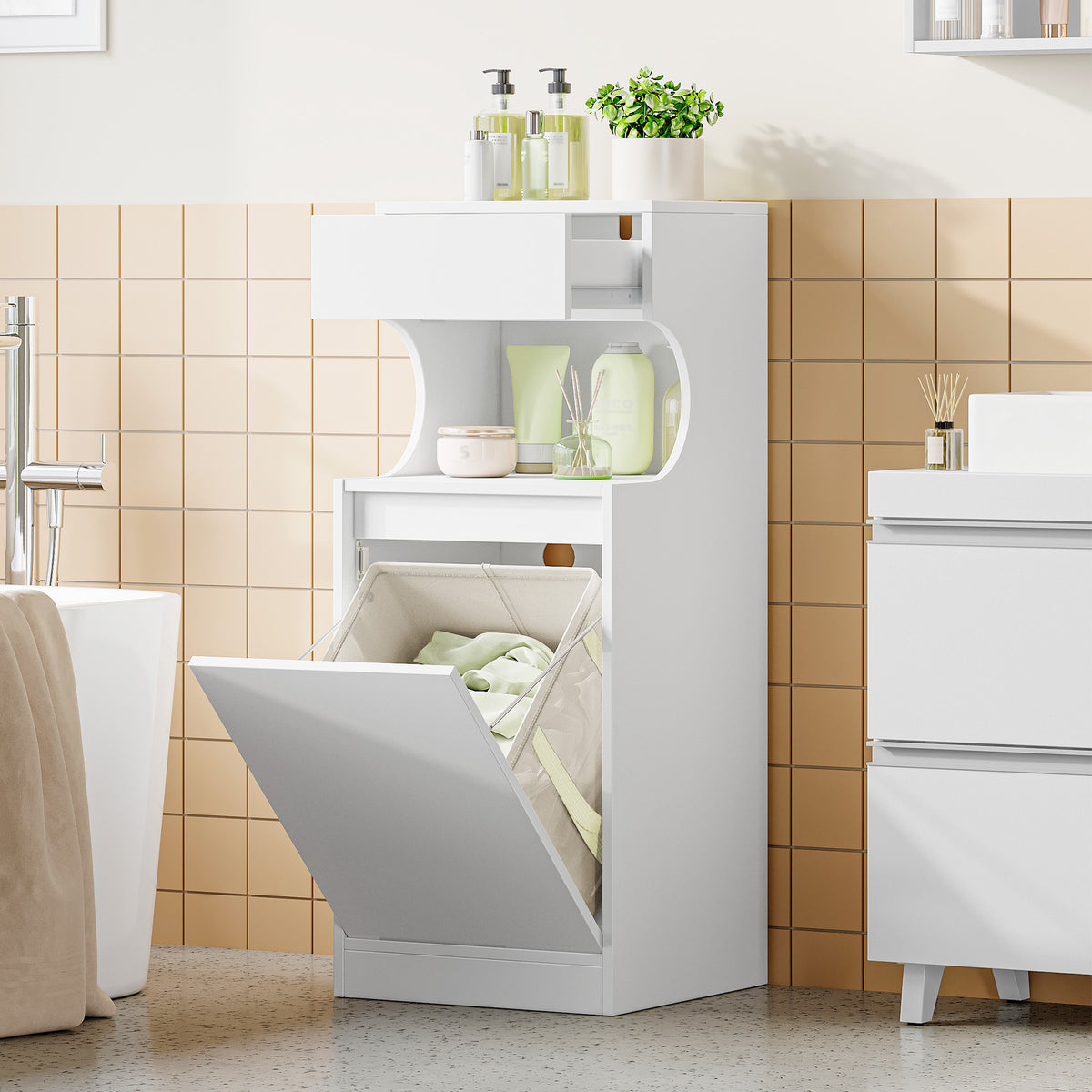 joyunite Bathroom Cabinet with Laundry Basket, Slim Narrow Laundry Cabinet with Drawer and Removable Hamper, Storage Cabinet Unit for Bathroom, 40 x 40 x 100 cm, White, BC42003X