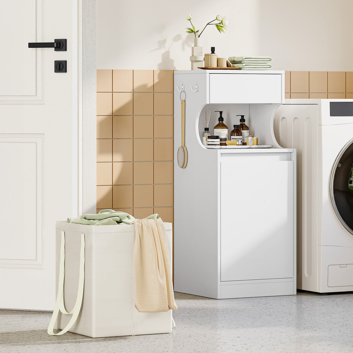 joyunite Bathroom Cabinet with Laundry Basket, Slim Narrow Laundry Cabinet with Drawer and Removable Hamper, Storage Cabinet Unit for Bathroom, 40 x 40 x 100 cm, White, BC42003X
