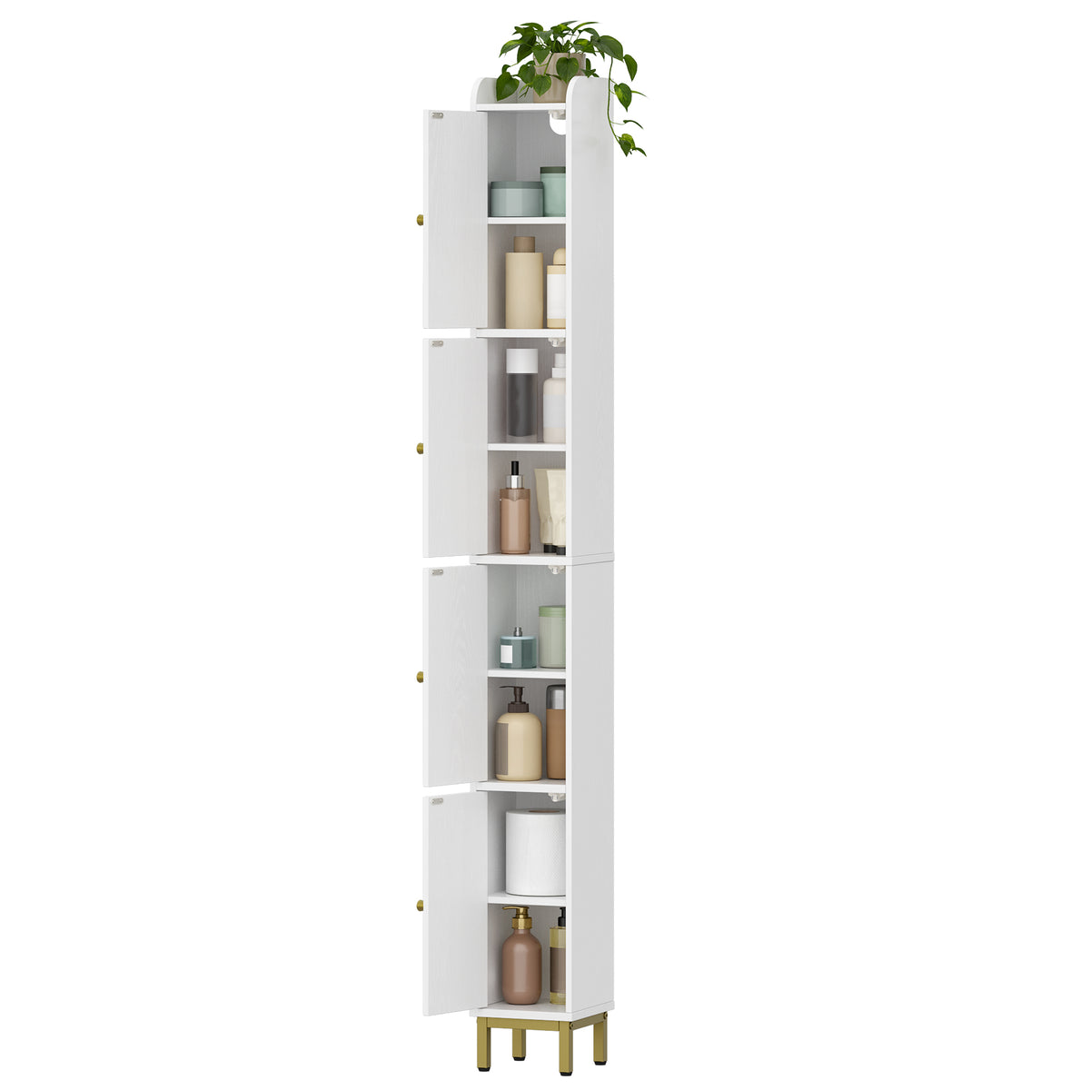 joyunite Bathroom Cabinet, Tall Bathroom Cabinet with 4 Doors, Slim Bathroom Cabinet, Narrow Tall Bathroom Cabinet, Adjustable Shelves, Living Room, Kitchen, Bedroom, 20 x 20 x 180 cm, White BC42213G