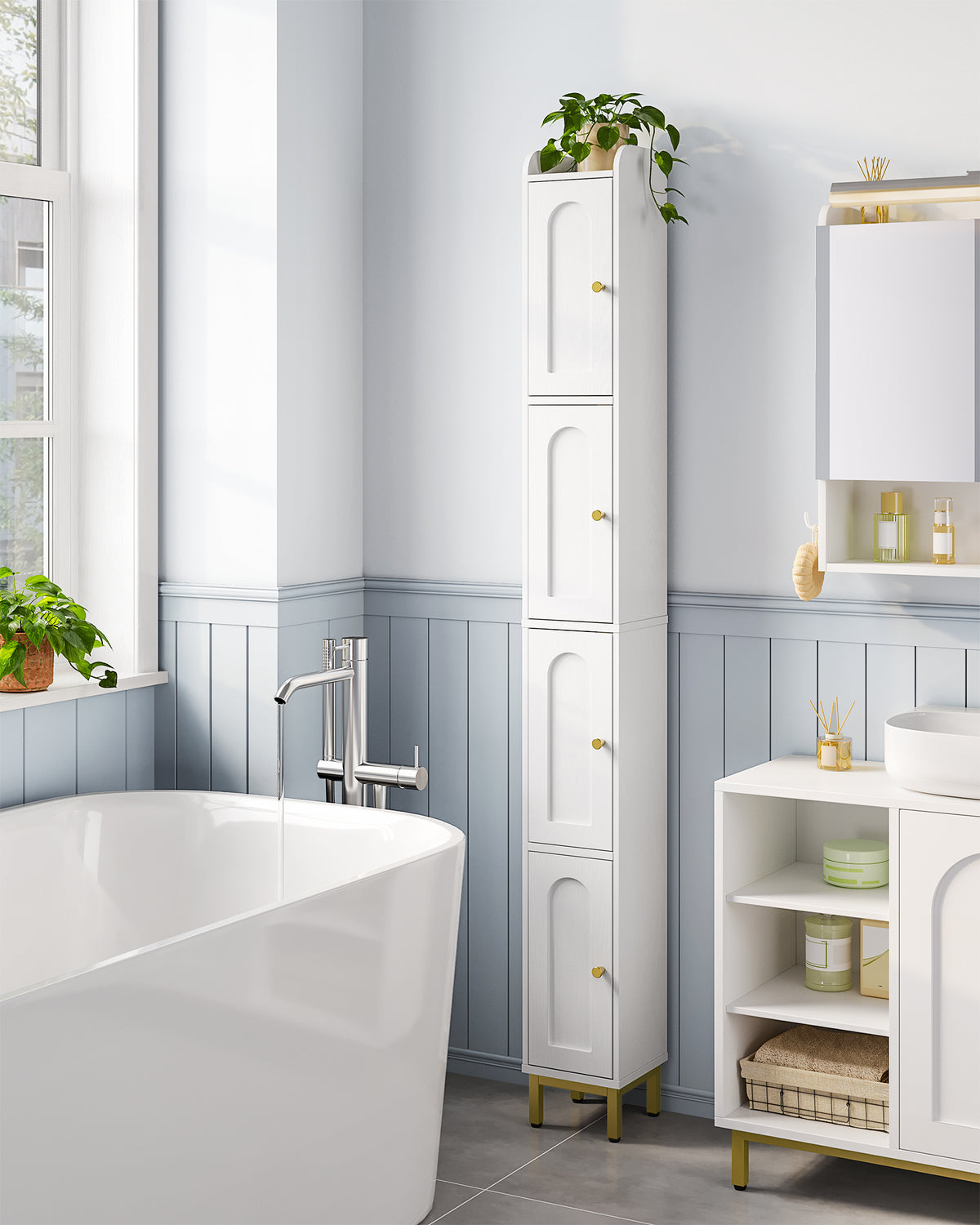 joyunite Bathroom Cabinet, Tall Bathroom Cabinet with 4 Doors, Slim Bathroom Cabinet, Narrow Tall Bathroom Cabinet, Adjustable Shelves, Living Room, Kitchen, Bedroom, 20 x 20 x 180 cm, White BC42213G