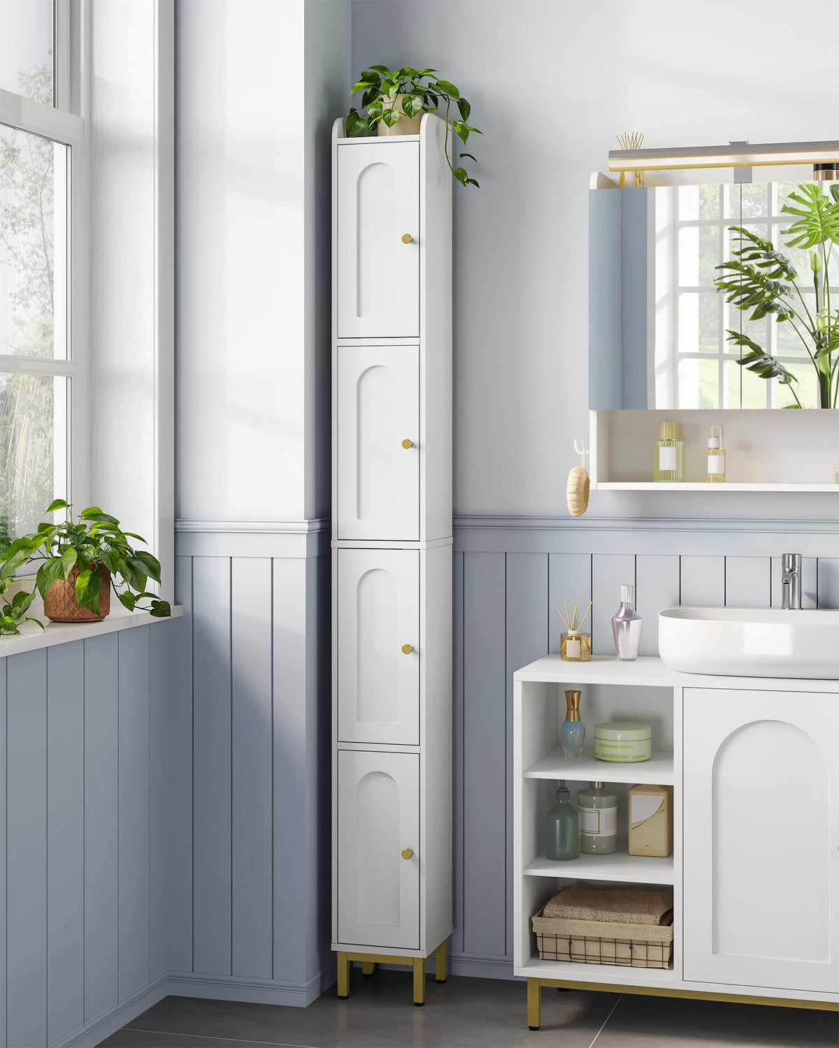 joyunite Bathroom Cabinet, Tall Bathroom Cabinet with 4 Doors, Slim Bathroom Cabinet, Narrow Tall Bathroom Cabinet, Adjustable Shelves, Living Room, Kitchen, Bedroom, 20 x 20 x 180 cm, White BC42213G