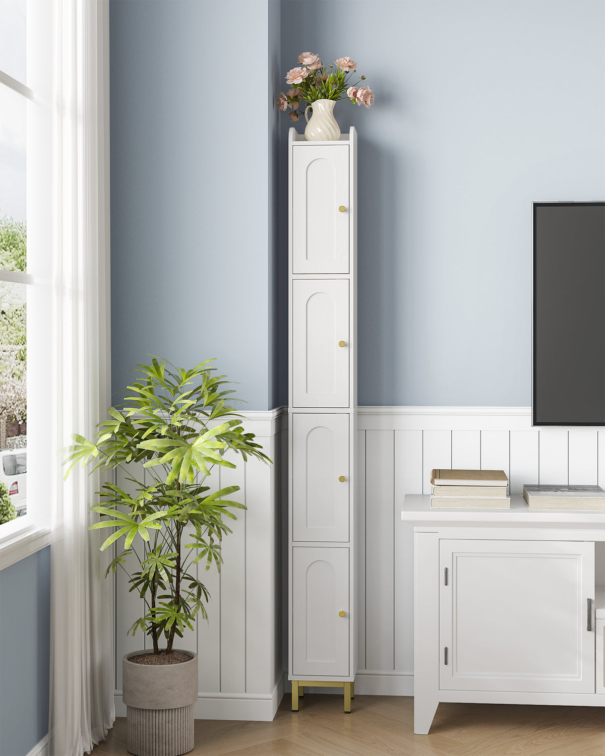 joyunite Bathroom Cabinet, Tall Bathroom Cabinet with 4 Doors, Slim Bathroom Cabinet, Narrow Tall Bathroom Cabinet, Adjustable Shelves, Living Room, Kitchen, Bedroom, 20 x 20 x 180 cm, White BC42213G