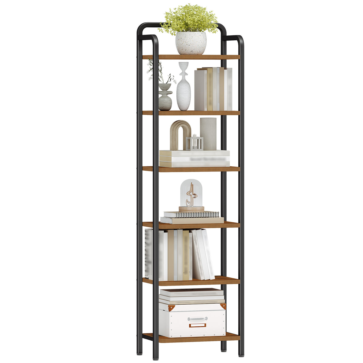 joyunite Bookcase, Shelf, Standing Shelf, Slim Bookcase, Industrial Corner Shelf, Slim Shelf for Home Office, Living Room, Bedroom, Kitchen, 6 Tiers, Vintage Brown/Black BC44601B