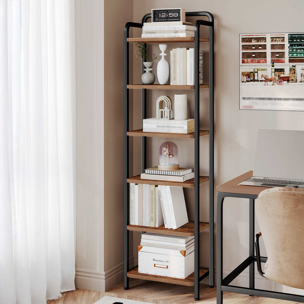 joyunite Bookcase, Shelf, Standing Shelf, Slim Bookcase, Industrial Corner Shelf, Slim Shelf for Home Office, Living Room, Bedroom, Kitchen, 6 Tiers, Vintage Brown/Black BC44601B