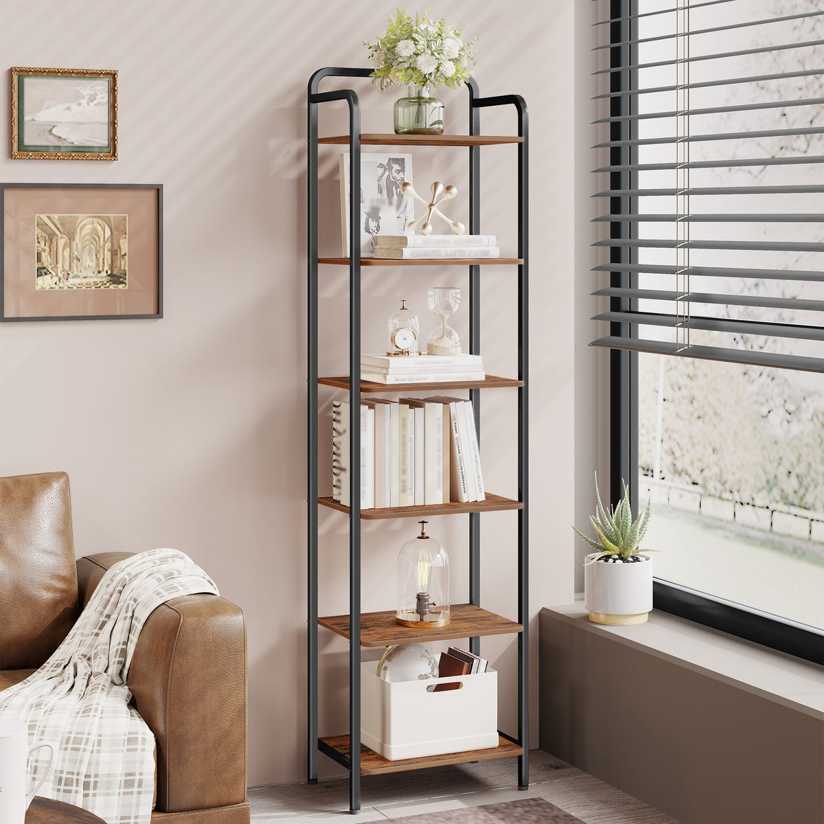joyunite Bookcase, Shelf, Standing Shelf, Slim Bookcase, Industrial Corner Shelf, Slim Shelf for Home Office, Living Room, Bedroom, Kitchen, 6 Tiers, Vintage Brown/Black BC44601B