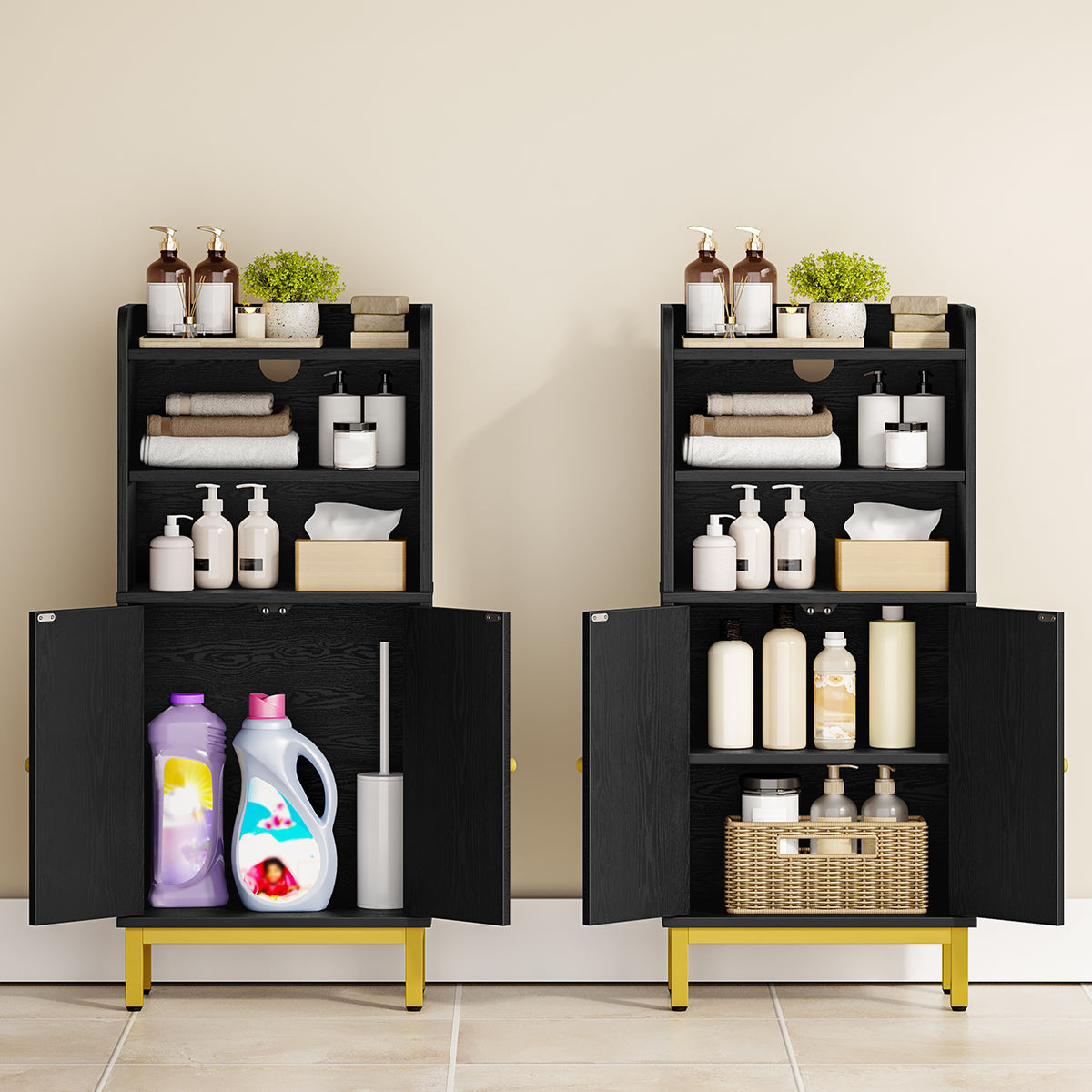 joyunite Bathroom Storage Cabinet, Slim Bathroom Floor Cabinet with 2 Door and Adjustable Shelf, Wooden Freestanding Storage Unit for Dining Kitchen Living Room, Black, BC48204G