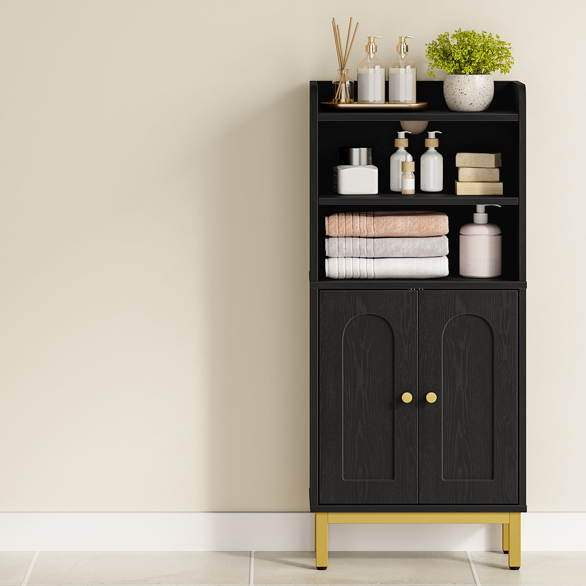 joyunite Bathroom Storage Cabinet, Slim Bathroom Floor Cabinet with 2 Door and Adjustable Shelf, Wooden Freestanding Storage Unit for Dining Kitchen Living Room, Black, BC48204G