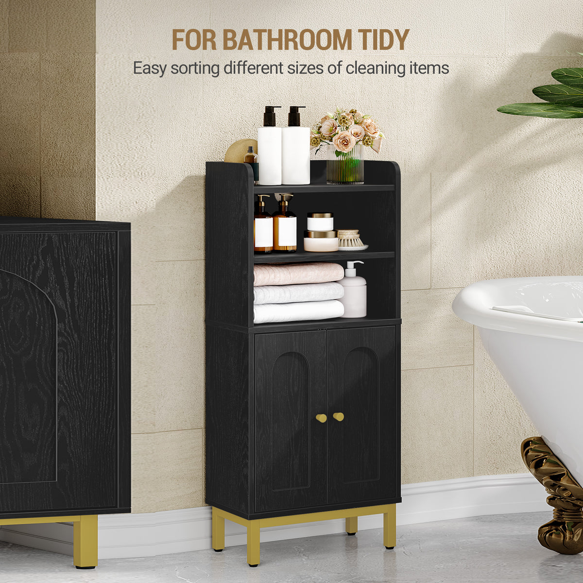 joyunite Bathroom Storage Cabinet, Slim Bathroom Floor Cabinet with 2 Door and Adjustable Shelf, Wooden Freestanding Storage Unit for Dining Kitchen Living Room, Black, BC48204G