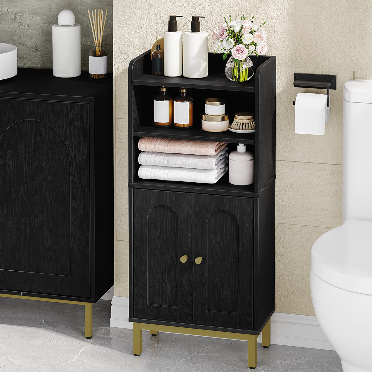 joyunite Bathroom Storage Cabinet, Slim Bathroom Floor Cabinet with 2 Door and Adjustable Shelf, Wooden Freestanding Storage Unit for Dining Kitchen Living Room, Black, BC48204G