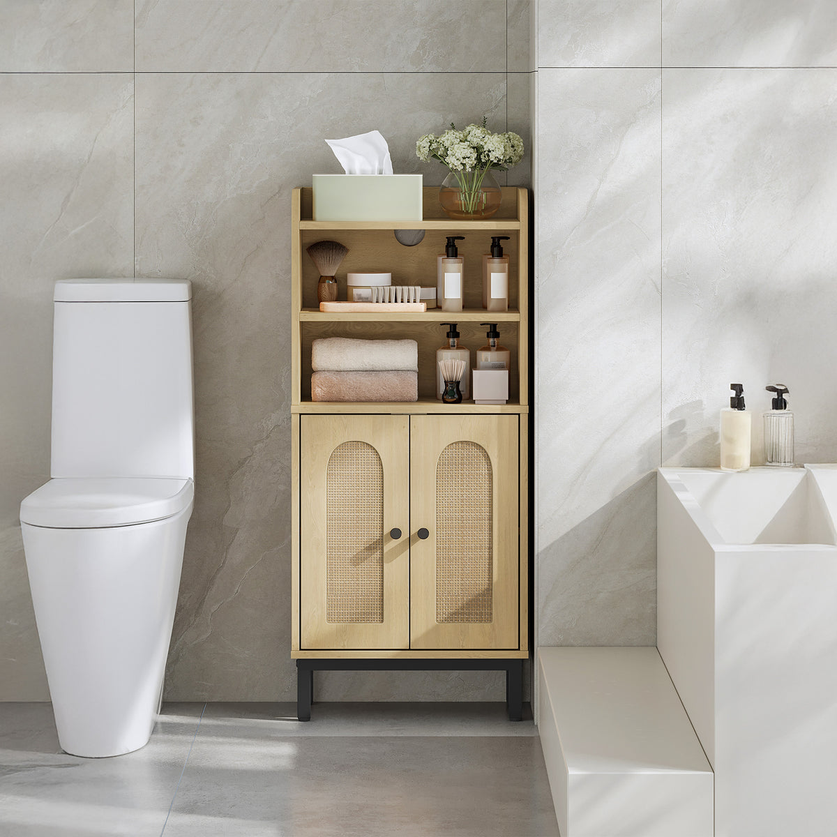 joyunite Bathroom Storage Cabinet, Slim Bathroom Floor Cabinet with 2 Door and Adjustable Shelf, Wooden Freestanding Storage Unit for Dining Kitchen Living Room, Yellow BC48202B