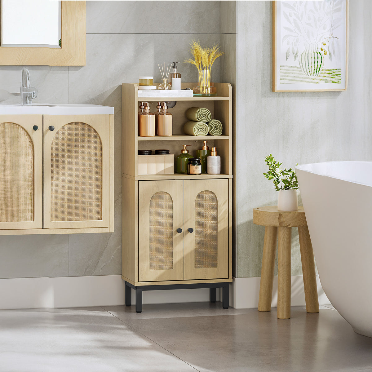 joyunite Bathroom Storage Cabinet, Slim Bathroom Floor Cabinet with 2 Door and Adjustable Shelf, Wooden Freestanding Storage Unit for Dining Kitchen Living Room, Yellow BC48202B