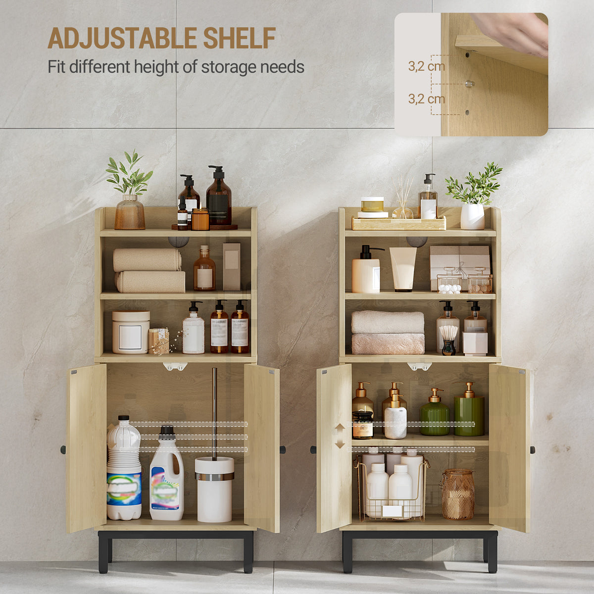 joyunite Bathroom Storage Cabinet, Slim Bathroom Floor Cabinet with 2 Door and Adjustable Shelf, Wooden Freestanding Storage Unit for Dining Kitchen Living Room, Yellow BC48202B