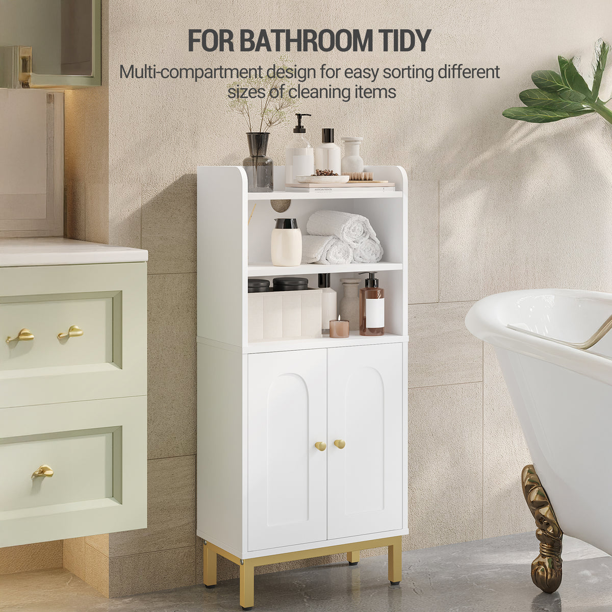 joyunite Bathroom Storage Cabinet, Slim Bathroom Floor Cabinet with 2 Door and Adjustable Shelf, Wooden Freestanding Storage Unit for Dining Kitchen Living Room, White, BC48213G