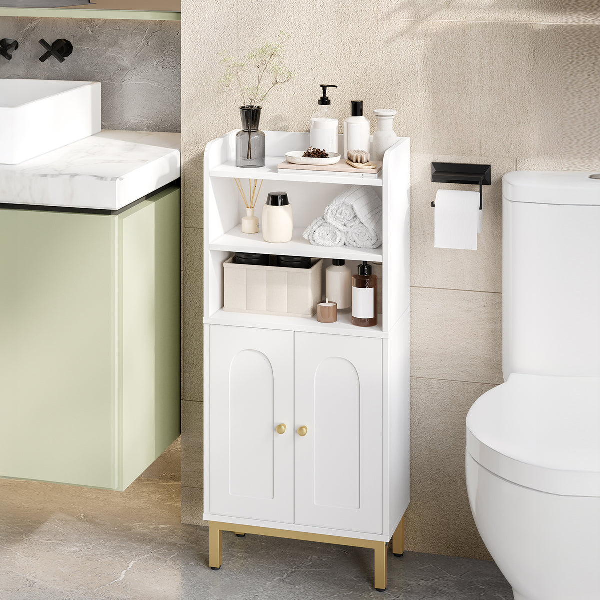 joyunite Bathroom Storage Cabinet, Slim Bathroom Floor Cabinet with 2 Door and Adjustable Shelf, Wooden Freestanding Storage Unit for Dining Kitchen Living Room, White, BC48213G
