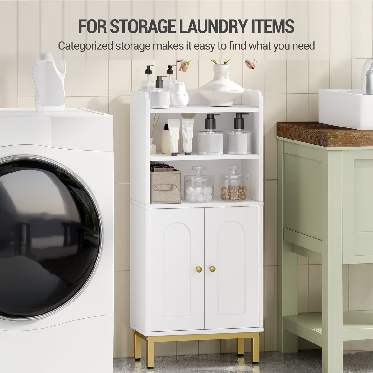joyunite Bathroom Storage Cabinet, Slim Bathroom Floor Cabinet with 2 Door and Adjustable Shelf, Wooden Freestanding Storage Unit for Dining Kitchen Living Room, White, BC48213G