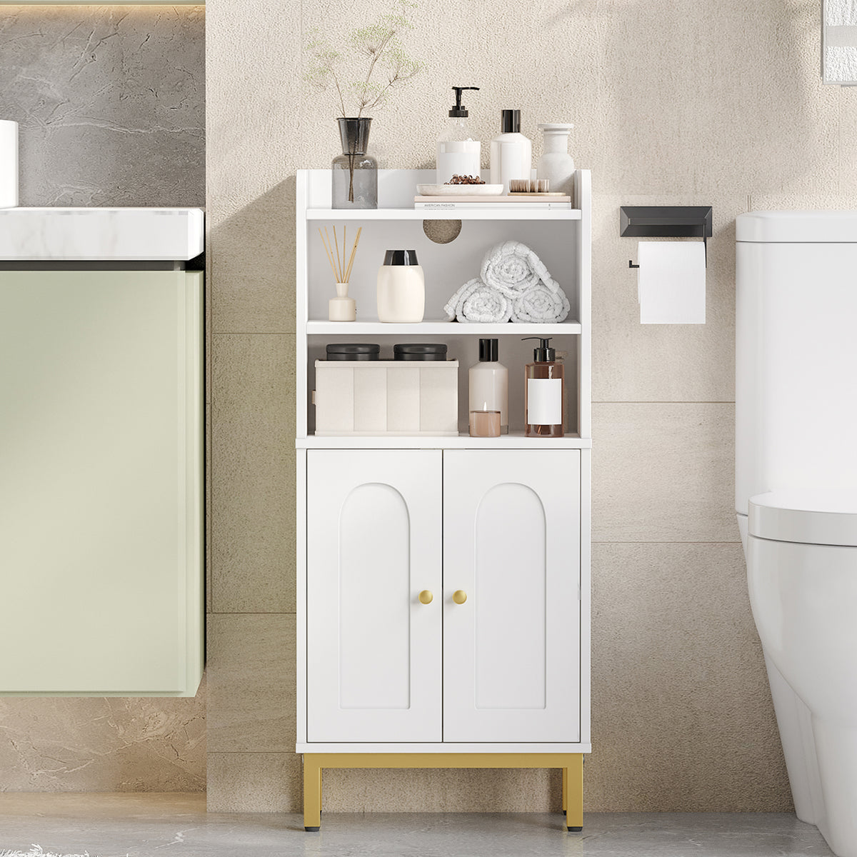 joyunite Bathroom Storage Cabinet, Slim Bathroom Floor Cabinet with 2 Door and Adjustable Shelf, Wooden Freestanding Storage Unit for Dining Kitchen Living Room, White, BC48213G