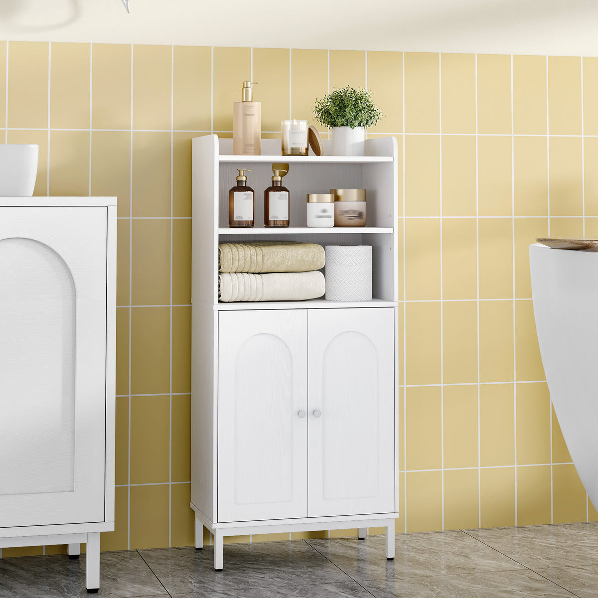 joyunite Bathroom Cabinet, Bathroom Cabinet, Kitchen Cabinet with 2 Open Compartments, 2 Doors, 2 Adjustable Shelves, Freestanding Bathroom, 20 × 37 × 84 cm, White BC48213W