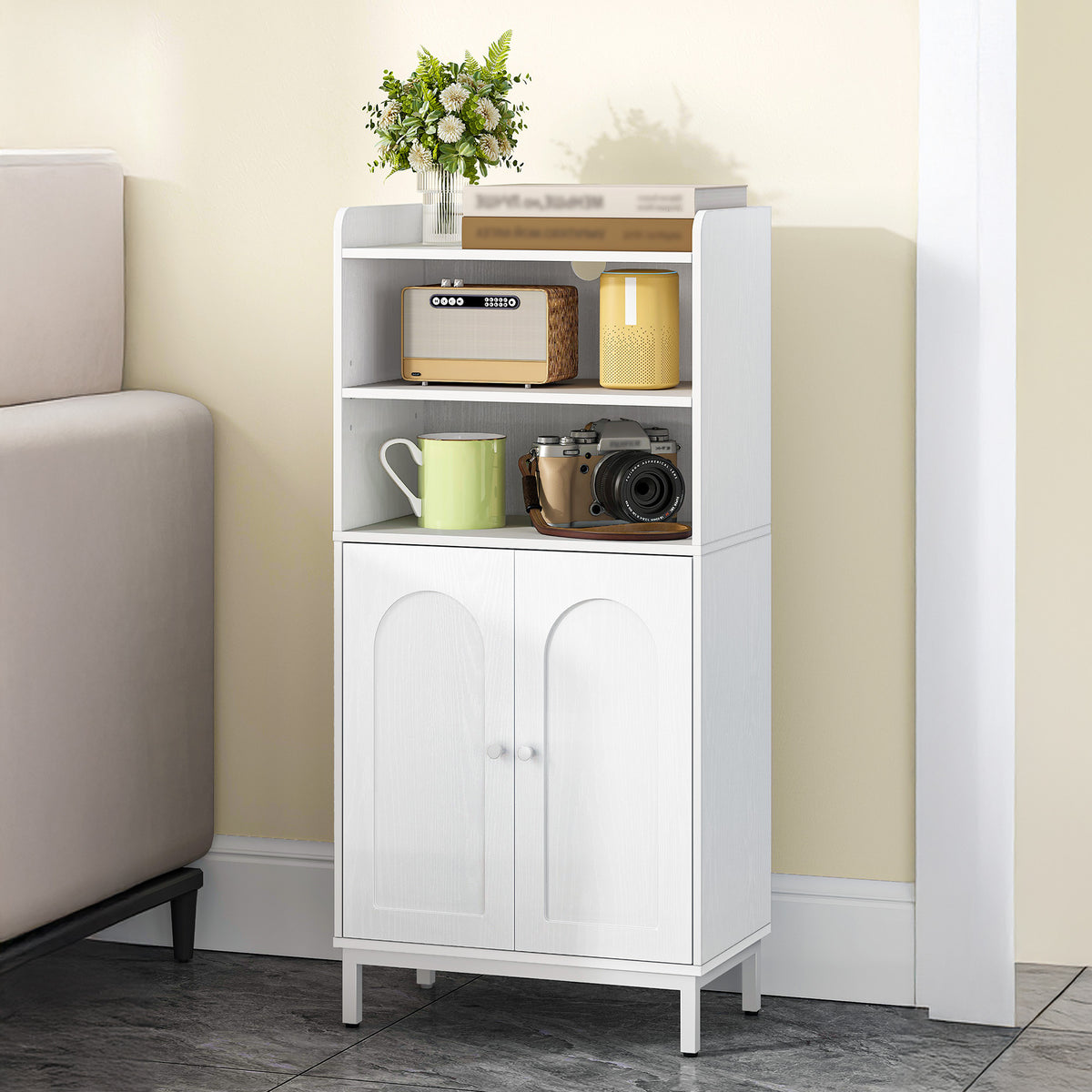 joyunite Bathroom Cabinet, Bathroom Cabinet, Kitchen Cabinet with 2 Open Compartments, 2 Doors, 2 Adjustable Shelves, Freestanding Bathroom, 20 × 37 × 84 cm, White BC48213W