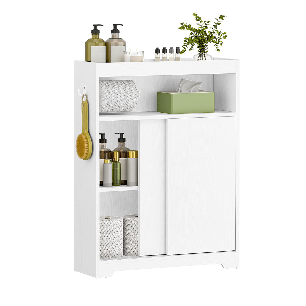 joyunite Bathroom Storage Cabinet, Bathroom Floor Cabinet with Sliding Doors, Toilet Paper Holder and Hooks, Freestanding Storage with Adjustable Shelf, for Living Room, Bedroom, White BC62813X