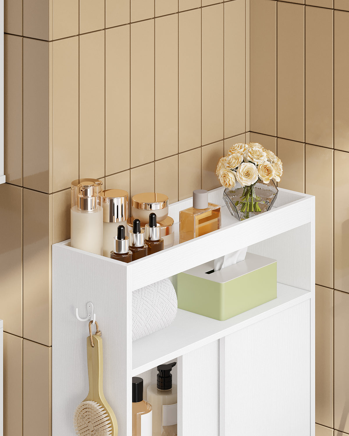 joyunite Bathroom Storage Cabinet, Bathroom Floor Cabinet with Sliding Doors, Toilet Paper Holder and Hooks, Freestanding Storage with Adjustable Shelf, for Living Room, Bedroom, White BC62813X