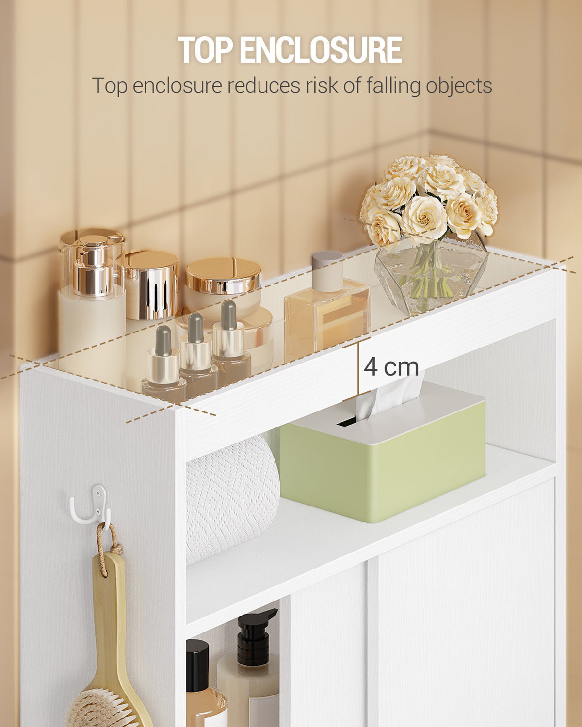 joyunite Bathroom Storage Cabinet, Bathroom Floor Cabinet with Sliding Doors, Toilet Paper Holder and Hooks, Freestanding Storage with Adjustable Shelf, for Living Room, Bedroom, White BC62813X