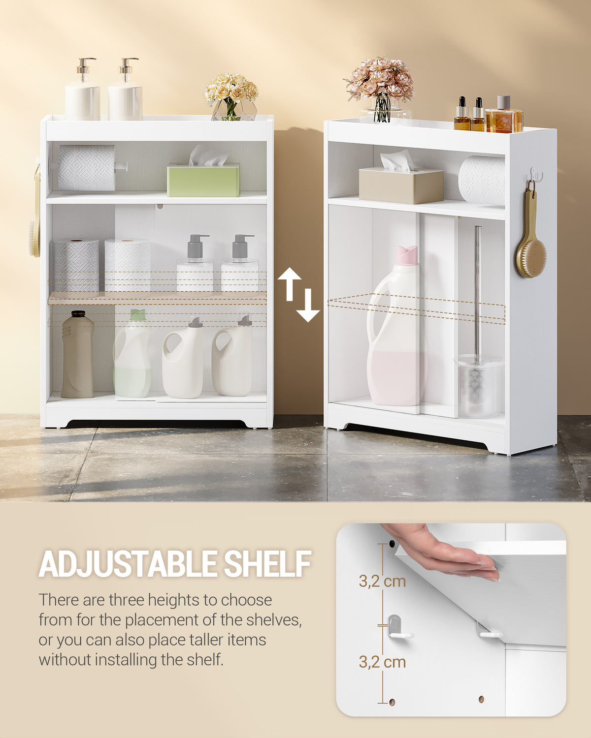 joyunite Bathroom Storage Cabinet, Bathroom Floor Cabinet with Sliding Doors, Toilet Paper Holder and Hooks, Freestanding Storage with Adjustable Shelf, for Living Room, Bedroom, White BC62813X