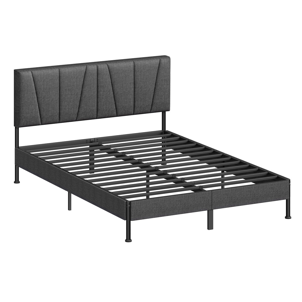 joyunite King Bed Frame, 150×200 cm, Upholstered Metal Bed Frame with Headboard, Max. Load Capacity 500kg, Easy Assembly, No Box Spring Needed, Dark Grey BF40299B