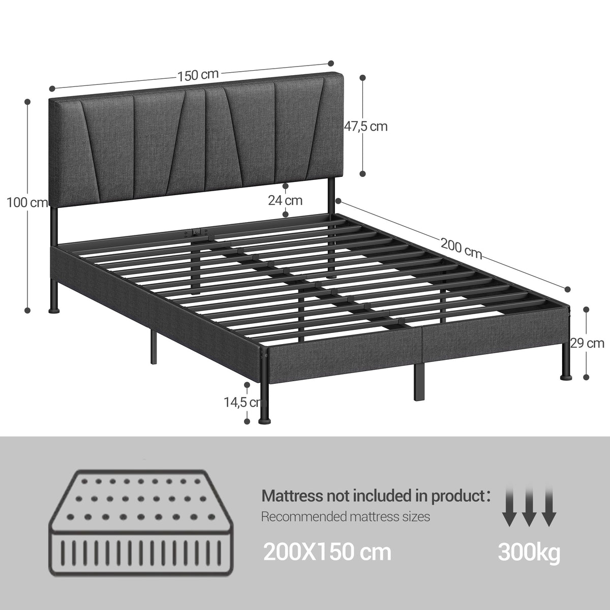 joyunite King Bed Frame, 150×200 cm, Upholstered Metal Bed Frame with Headboard, Max. Load Capacity 500kg, Easy Assembly, No Box Spring Needed, Dark Grey BF40299B