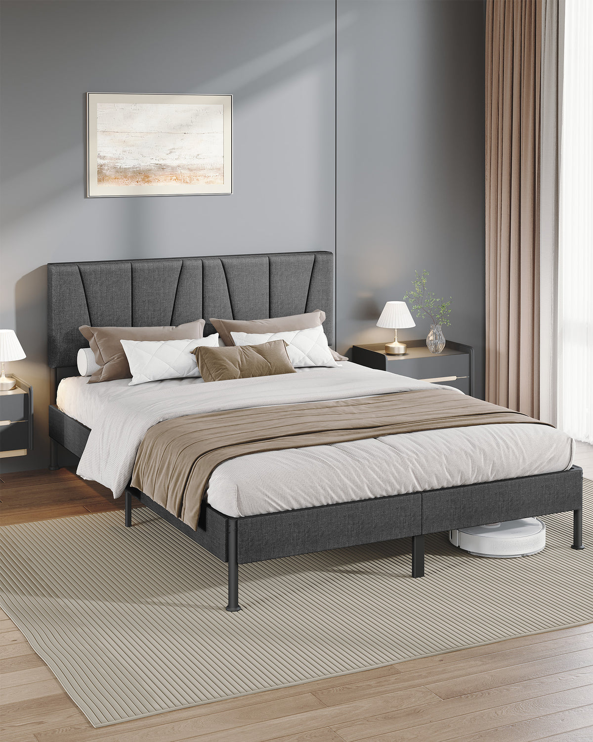 joyunite King Bed Frame, 150×200 cm, Upholstered Metal Bed Frame with Headboard, Max. Load Capacity 500kg, Easy Assembly, No Box Spring Needed, Dark Grey BF40299B