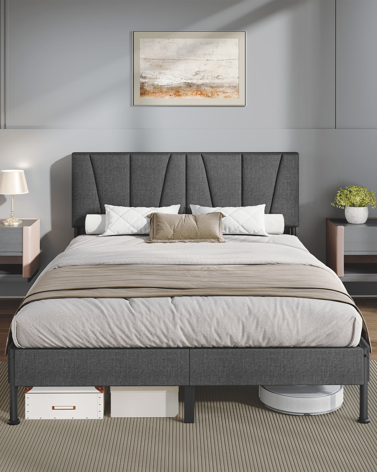 joyunite King Bed Frame, 150×200 cm, Upholstered Metal Bed Frame with Headboard, Max. Load Capacity 500kg, Easy Assembly, No Box Spring Needed, Dark Grey BF40299B