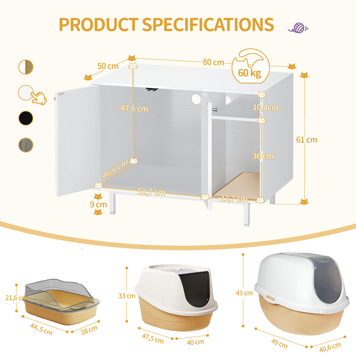 joyunite Cat Litter Box Enclosure, Hidden Litter Box Furniture with Scratching Mat, Wooden Pet House Side End Table, Tall Legs, Double Doors, 80 x 50 x 61 cm, White CB01513W