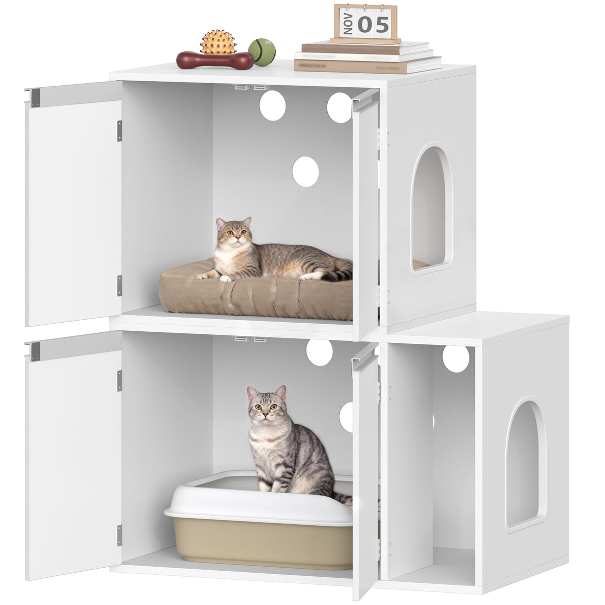 joyunite Cat Cabinet for 2 Cats, Cat Litter Box Cabinet, Hidden Cat House with Double Compartments, Can Be Used as a TV Cabinet, Cat Furniture, 140 x 48.3 x 48 cm, White CB65603X