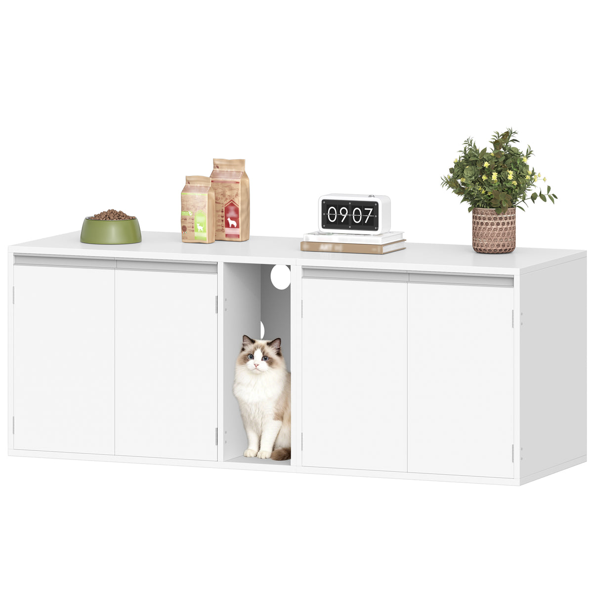 joyunite Cat Cabinet for 2 Cats, Cat Litter Box Cabinet, Hidden Cat House with Double Compartments, Can Be Used as a TV Cabinet, Cat Furniture, 140 x 48.3 x 48 cm, White CB65603X