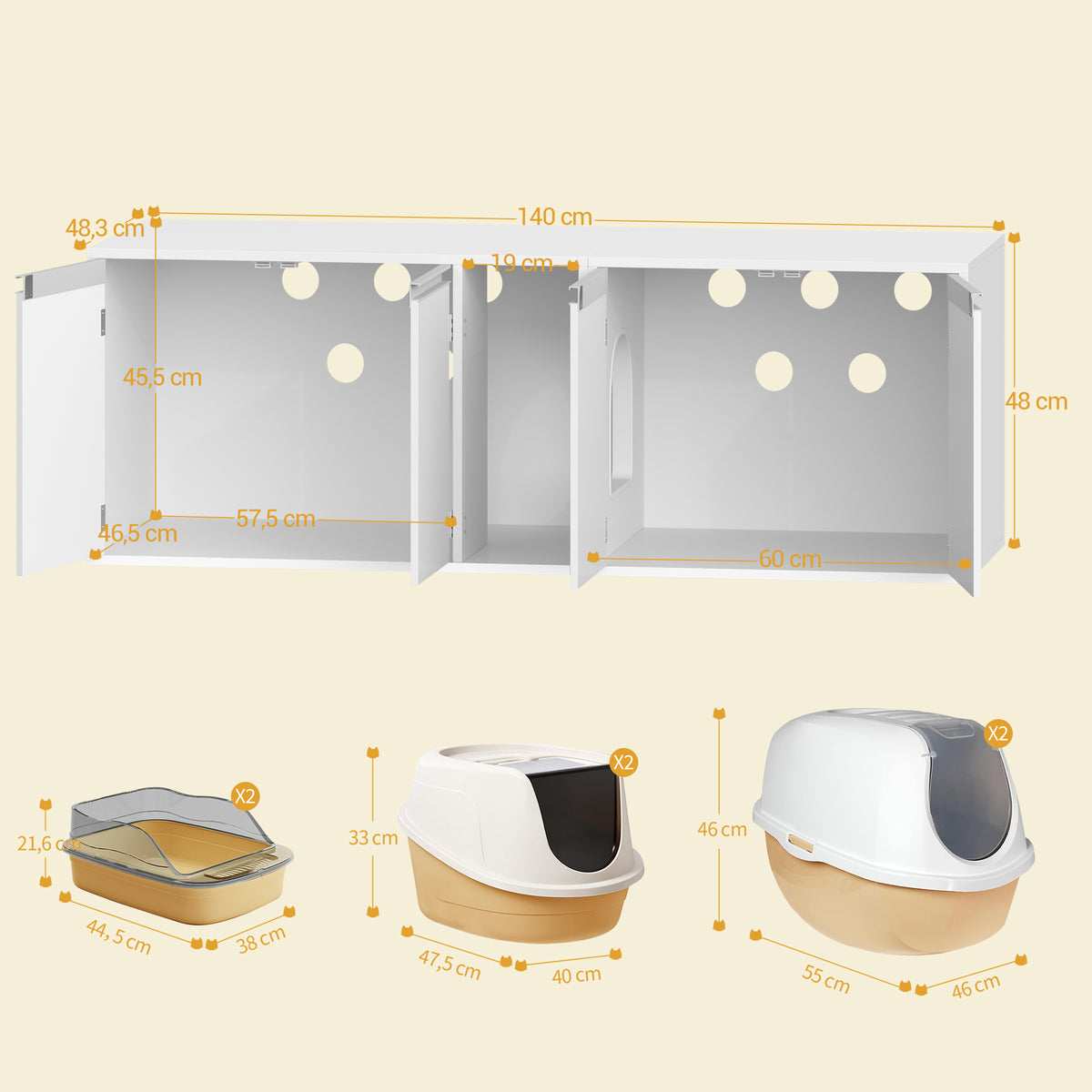 joyunite Cat Cabinet for 2 Cats, Cat Litter Box Cabinet, Hidden Cat House with Double Compartments, Can Be Used as a TV Cabinet, Cat Furniture, 140 x 48.3 x 48 cm, White CB65603X