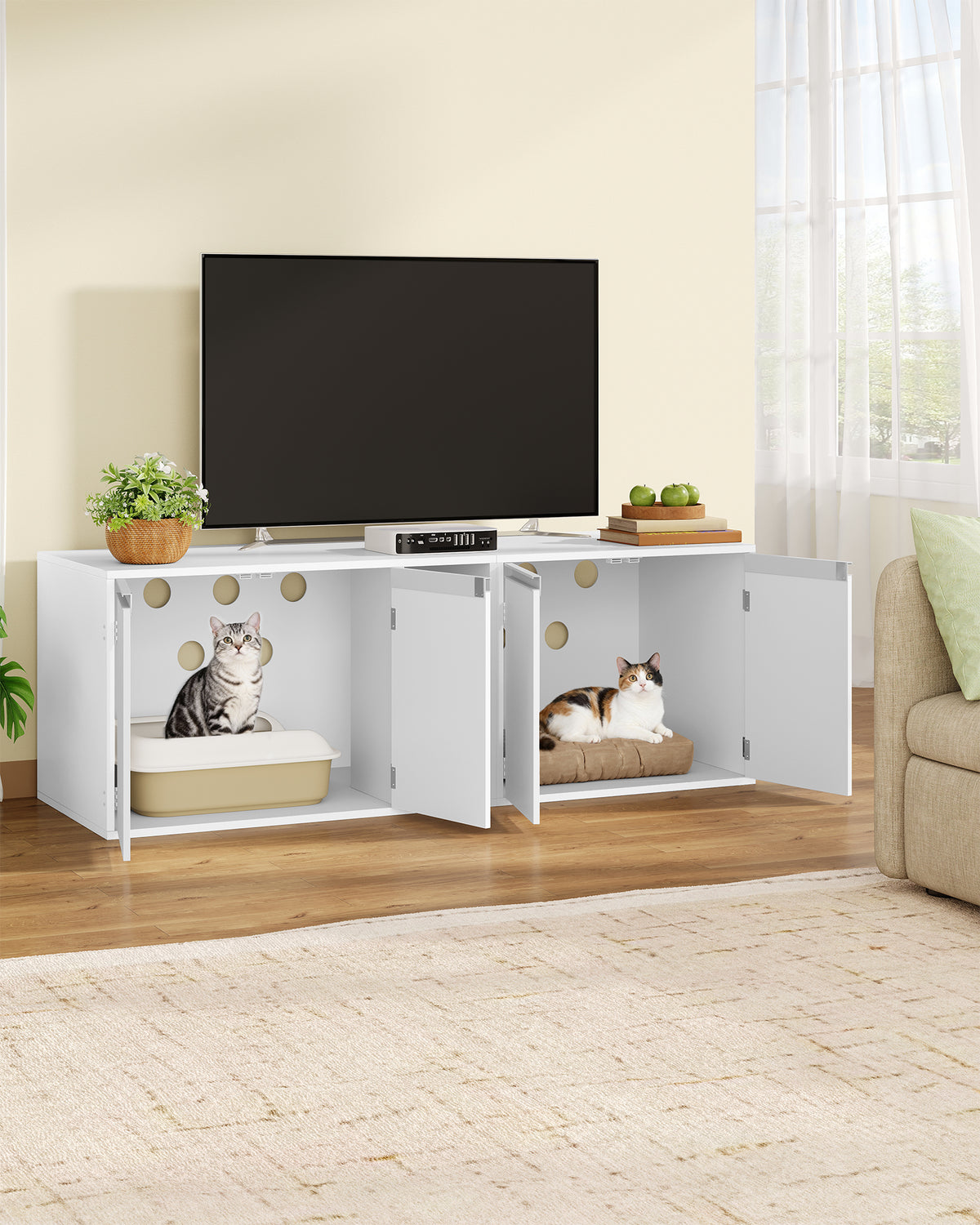 joyunite Cat Cabinet for 2 Cats, Cat Litter Box Cabinet, Hidden Cat House with Double Compartments, Can Be Used as a TV Cabinet, Cat Furniture, 140 x 48.3 x 48 cm, White CB65603X