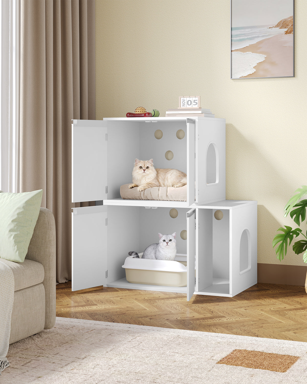joyunite Cat Cabinet for 2 Cats, Cat Litter Box Cabinet, Hidden Cat House with Double Compartments, Can Be Used as a TV Cabinet, Cat Furniture, 140 x 48.3 x 48 cm, White CB65603X
