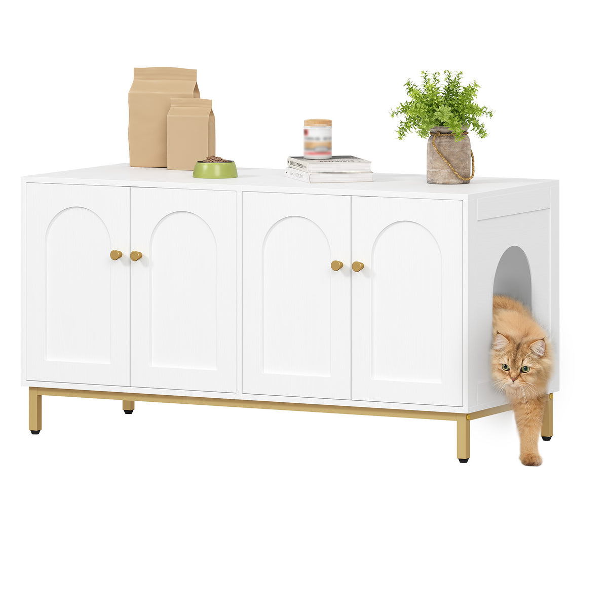 joyunite Cat Cabinet for 2 Cats, 119cm Hidden Litter Box Furniture, Wooden Pet House, Storage Cabinet Bench, Fits Most Litter Boxes, White and Gold CB82313A