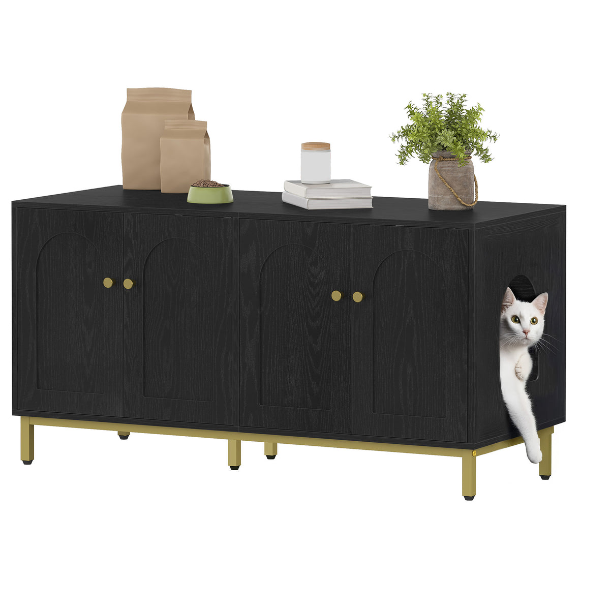 joyunite Cat Cabinet for 2 Cats, 119cm Cat Litter Box Cabinet, Black | Hidden Cat Litter Box Furniture, Wooden Pet House, Storage Cabinet Bench, Suitable for Cat Litter Boxes, CB82304A