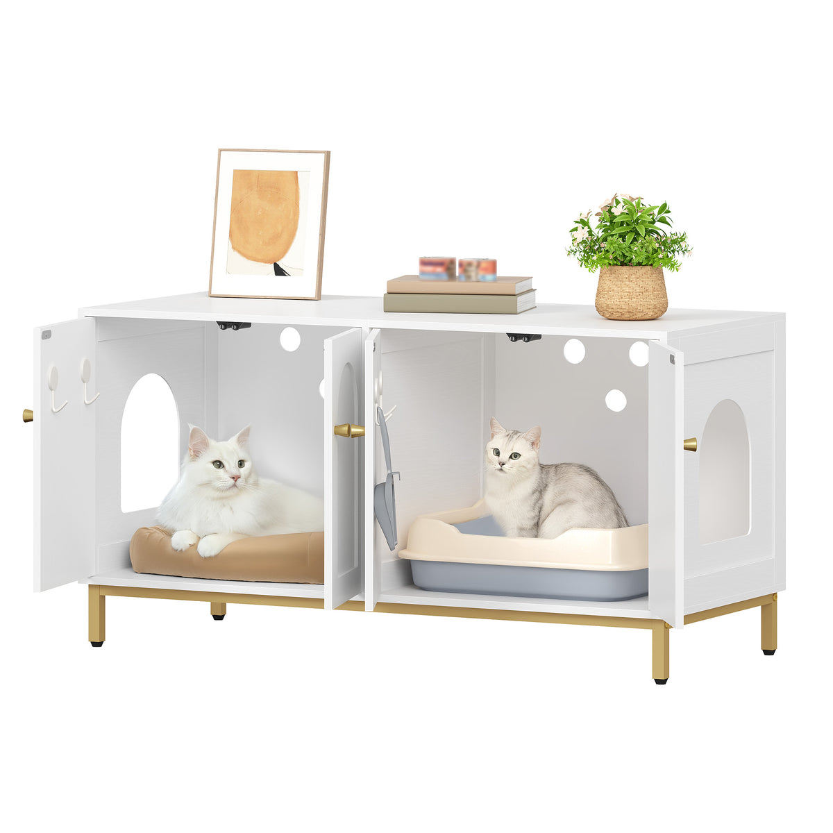 joyunite Cat Cabinet for 2 Cats, 119cm Hidden Litter Box Furniture, Wooden Pet House, Storage Cabinet Bench, Fits Most Litter Boxes, White and Gold CB82313A