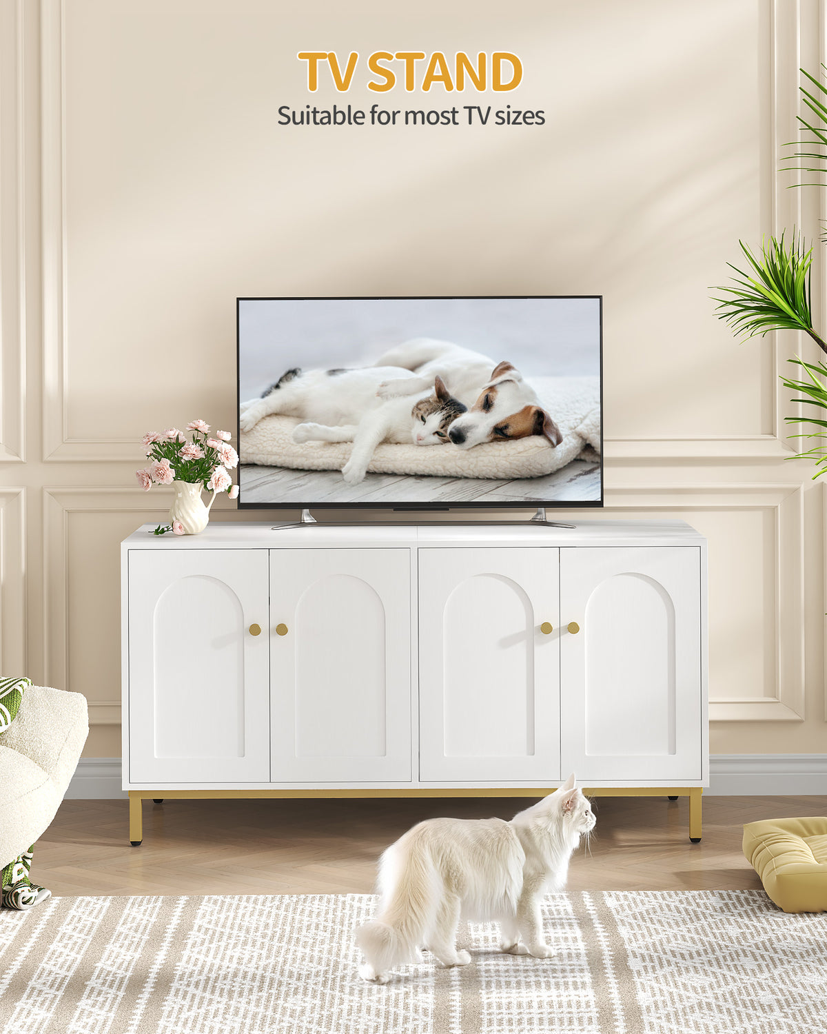 joyunite Cat Cabinet for 2 Cats, 119cm Hidden Litter Box Furniture, Wooden Pet House, Storage Cabinet Bench, Fits Most Litter Boxes, White and Gold CB82313A
