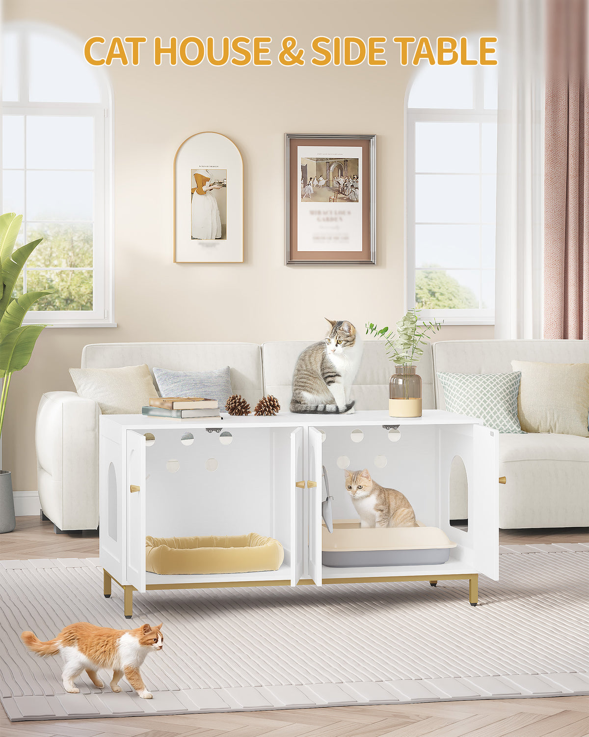 joyunite Cat Cabinet for 2 Cats, 119cm Hidden Litter Box Furniture, Wooden Pet House, Storage Cabinet Bench, Fits Most Litter Boxes, White and Gold CB82313A