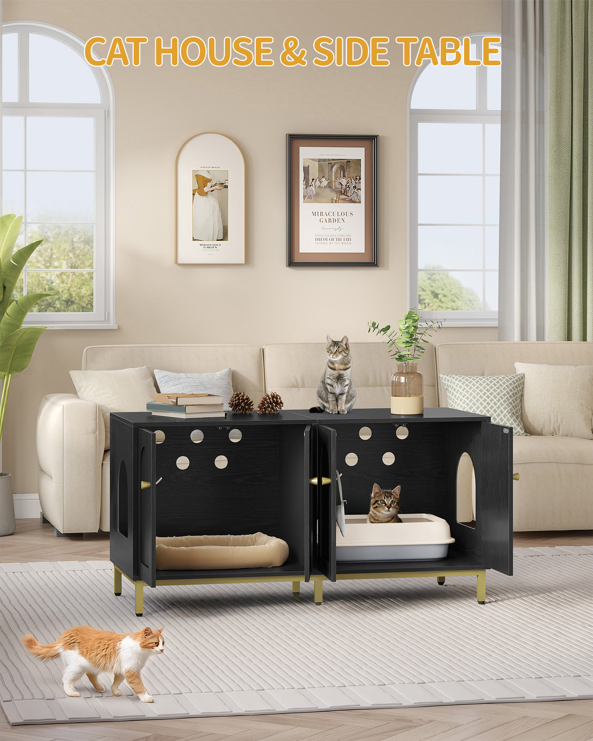 joyunite Cat Cabinet for 2 Cats, 119cm Cat Litter Box Cabinet, Black | Hidden Cat Litter Box Furniture, Wooden Pet House, Storage Cabinet Bench, Suitable for Cat Litter Boxes, CB82304A