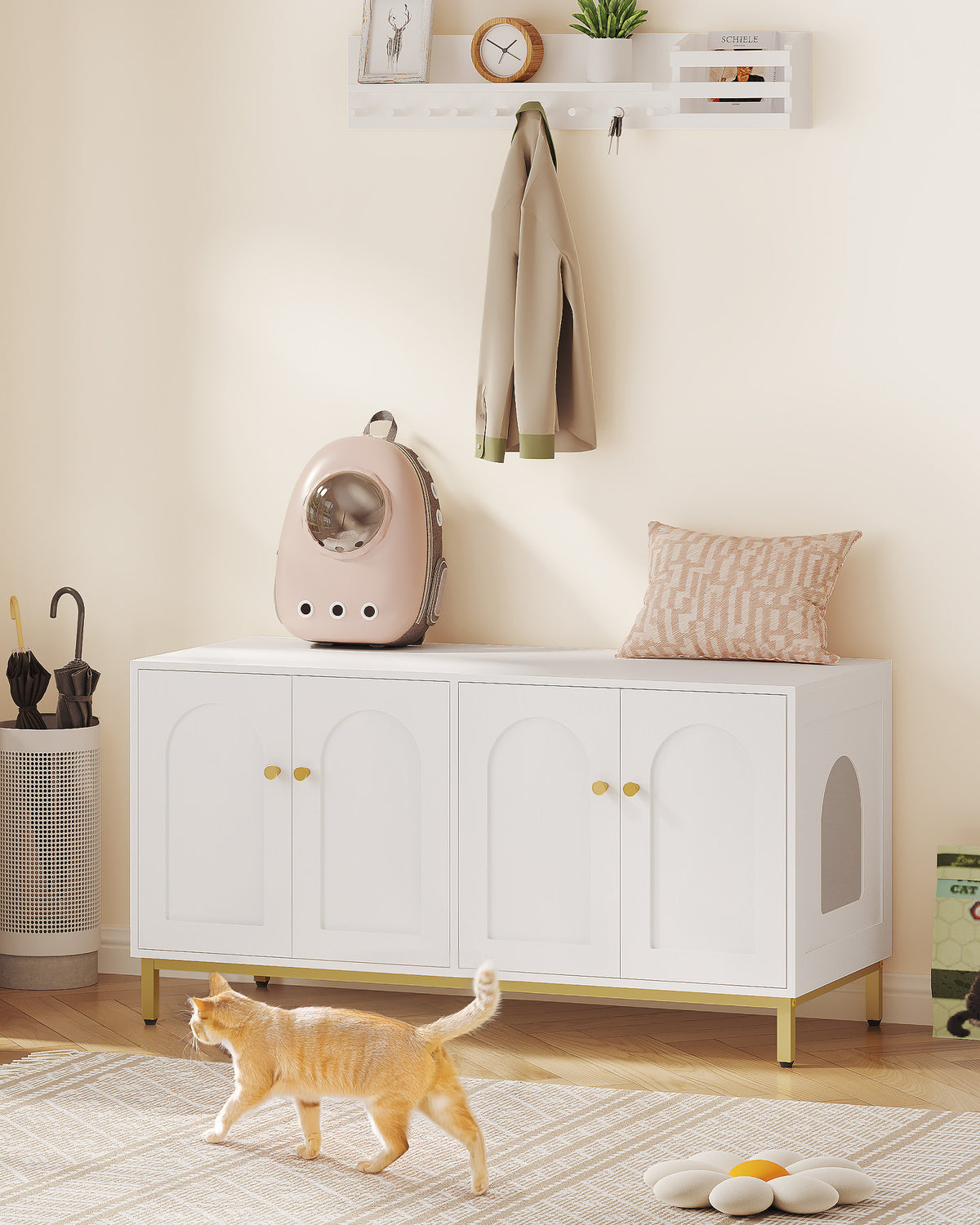 joyunite Cat Cabinet for 2 Cats, 119cm Hidden Litter Box Furniture, Wooden Pet House, Storage Cabinet Bench, Fits Most Litter Boxes, White and Gold CB82313A