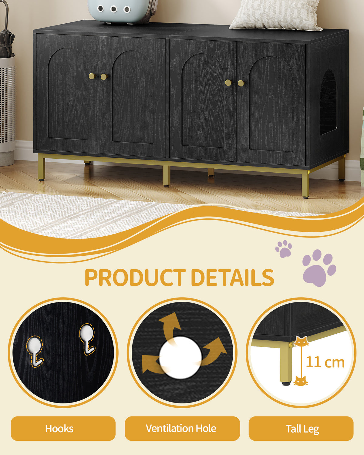 joyunite Cat Cabinet for 2 Cats, 119cm Cat Litter Box Cabinet, Black | Hidden Cat Litter Box Furniture, Wooden Pet House, Storage Cabinet Bench, Suitable for Cat Litter Boxes, CB82304A