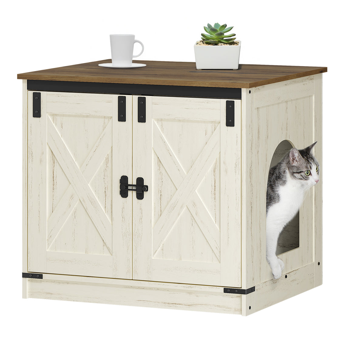 joyunite Cat Litter Box Enclosure, Hidden Litter Box Furniture with Detachable Dividers, Reversible Entrance Left or Right Side, Wooden Cat House, 60 x 50 x 54 cm, Rustic Brown and White CB84514X