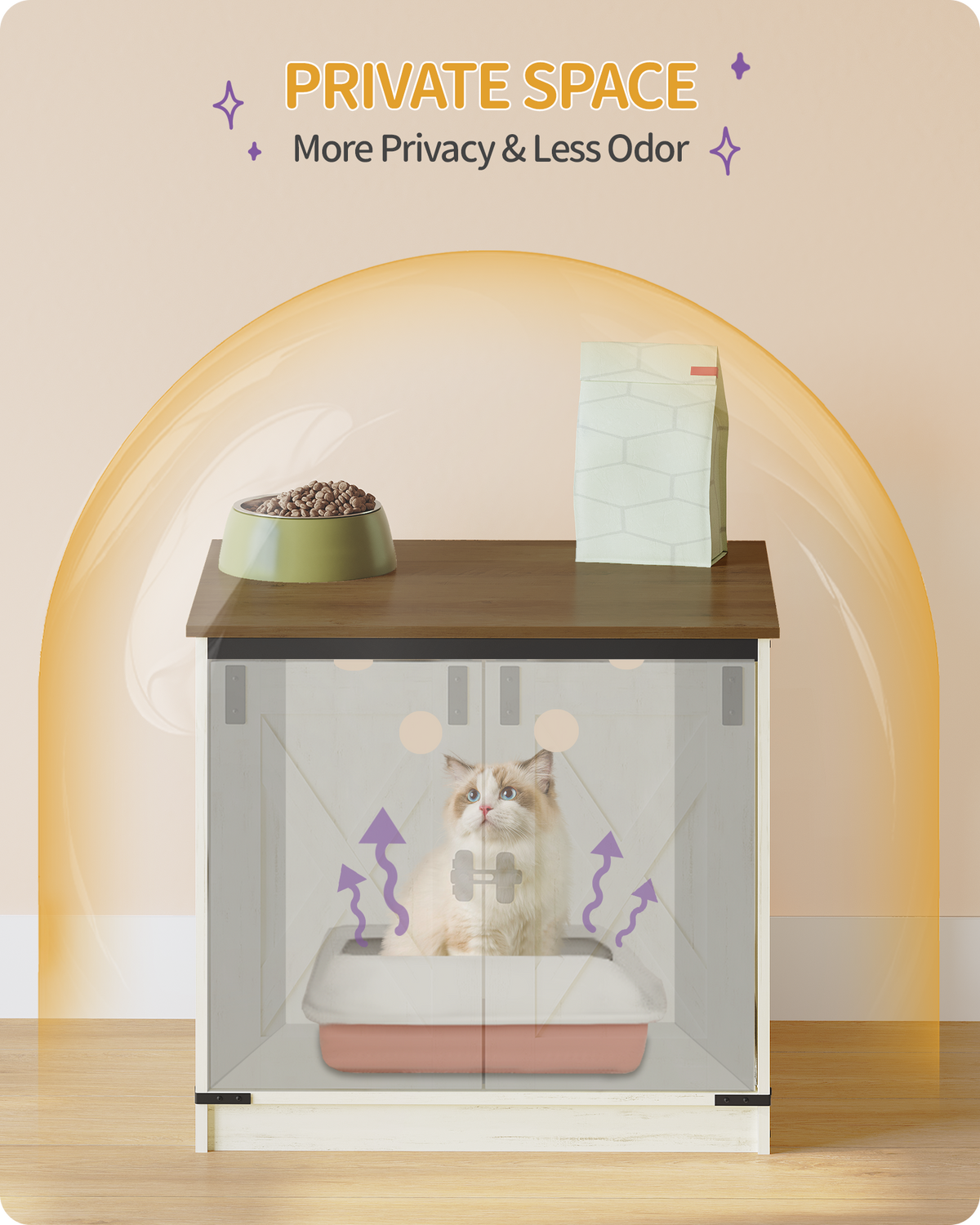 joyunite Cat Litter Box Enclosure, Hidden Litter Box Furniture with Detachable Dividers, Reversible Entrance Left or Right Side, Wooden Cat House, 60 x 50 x 54 cm, Rustic Brown and White CB84514X