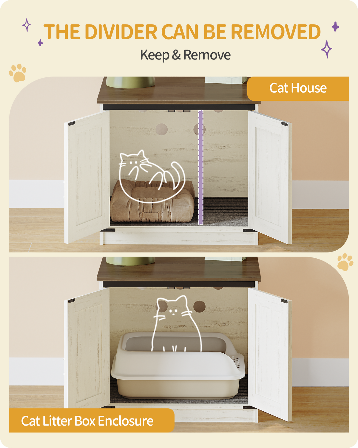 joyunite Cat Litter Box Enclosure, Hidden Litter Box Furniture with Detachable Dividers, Reversible Entrance Left or Right Side, Wooden Cat House, 60 x 50 x 54 cm, Rustic Brown and White CB84514X