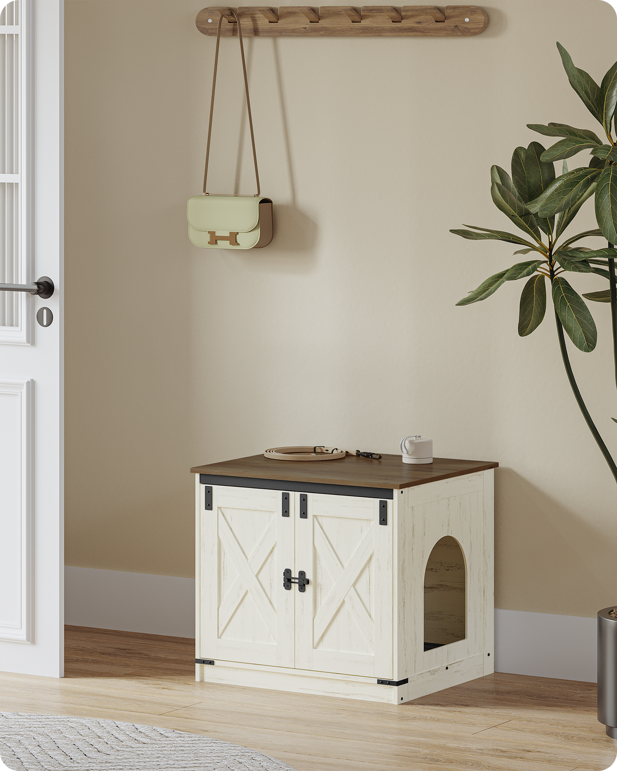 joyunite Cat Litter Box Enclosure, Hidden Litter Box Furniture with Detachable Dividers, Reversible Entrance Left or Right Side, Wooden Cat House, 60 x 50 x 54 cm, Rustic Brown and White CB84514X