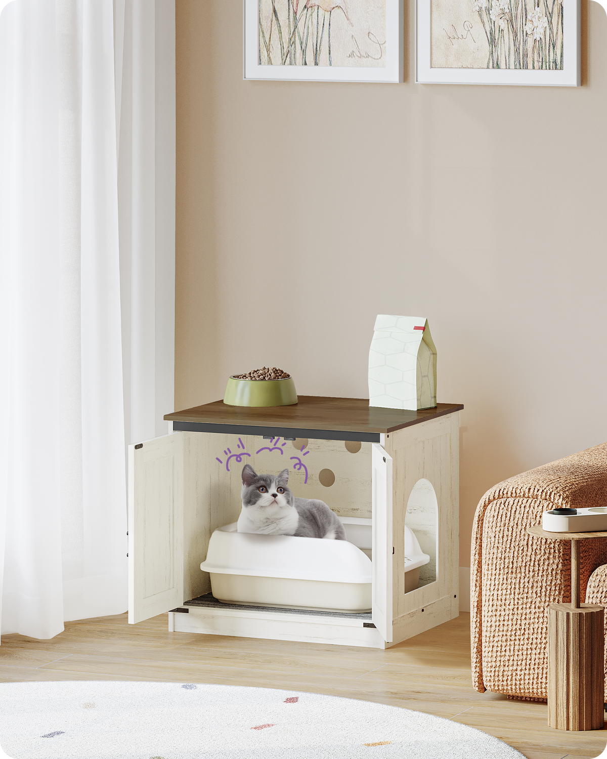 joyunite Cat Litter Box Enclosure, Hidden Litter Box Furniture with Detachable Dividers, Reversible Entrance Left or Right Side, Wooden Cat House, 60 x 50 x 54 cm, Rustic Brown and White CB84514X